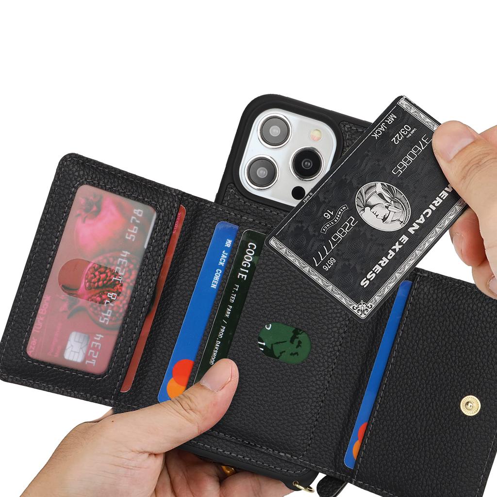 Für iPhone 13 Pro Max/12 Pro Max Hülle Litschi-Textur Kartenfach Leder+TPU Handyhülle mit langem Umhängeband