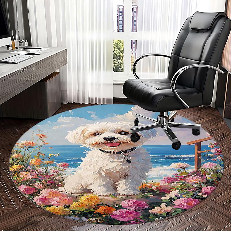 Floral Garden Dog,Ocean View Pet Chair Mat Round Rug Office Carpet, Non Slip, Suitable for Living Rooms, Bedrooms Decor.1205180a