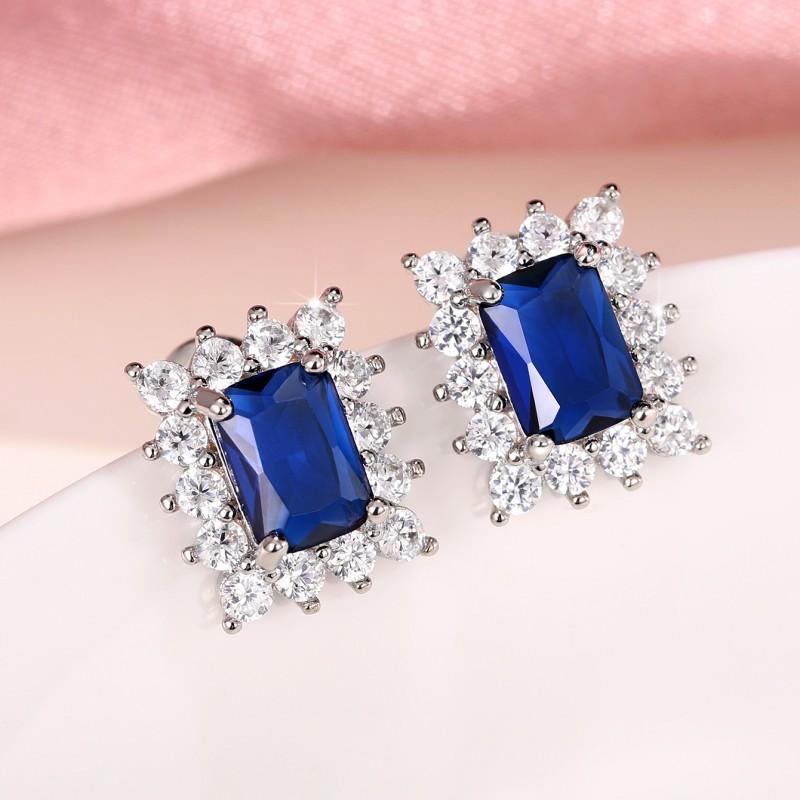 Exquisite Rectangular Blue CZ Stud Earrings for Women Elegant Bride Wedding Ear Accessories Silver Color Fashion Jewelry