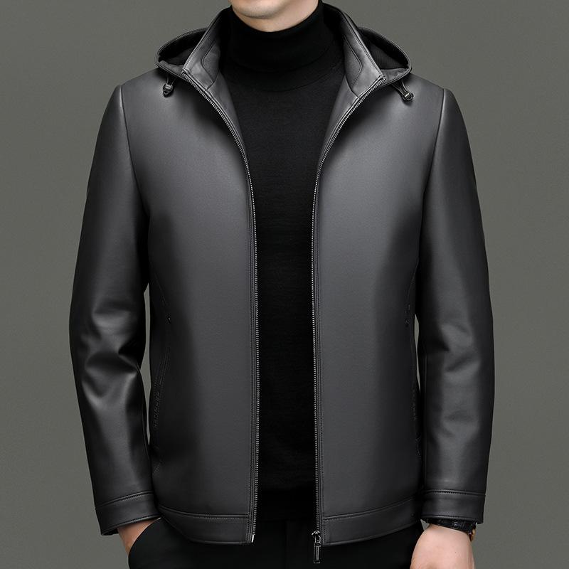 Νέο χειμερινό δερμάτινο μπουφάν με γέμιση πούπουλα προβάτου μεσήλικων, γνήσιο δερμάτινο μπουφάν, ανδρικό αποσπώμενο δερμάτινο μπουφάν με κουκούλα, δερμάτινο μπουφάν με γέμιση πούπουλα πάπιας