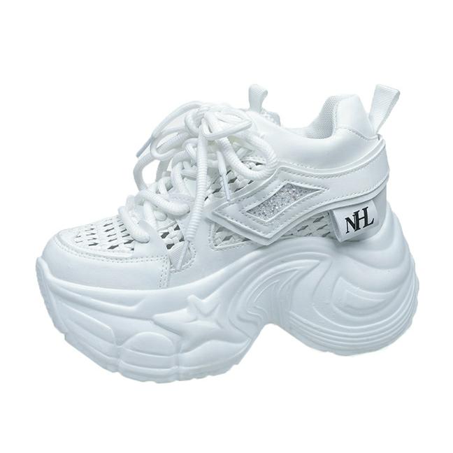9CM New Spring Women Hollow Sneakers 2025 Summer Casual Vulcanized Shoes High Platform Breathable Mesh Sneakers Female Dad Shoes