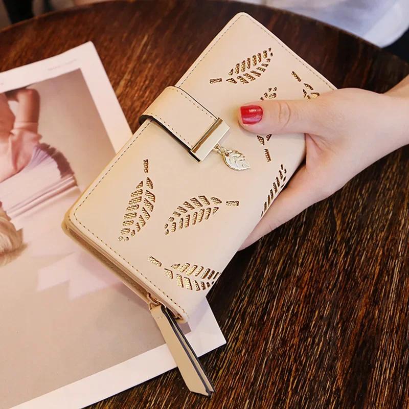 Women's Wallet PU Hollow Leaf Zipper Long Handbag  Fashion Multifunctional  Money Bag Coin Purse