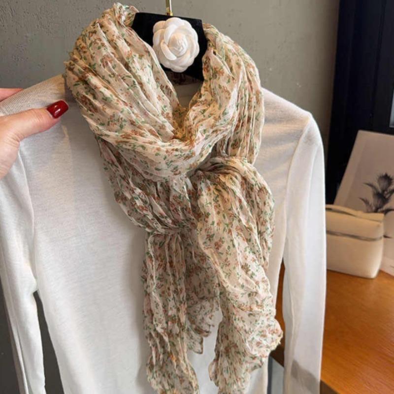 Floral Cotton and Linen Scarf for Women Thin Design Korean Style Atmosphere Retro Artistic Pleated Scarf Versatile Shawl