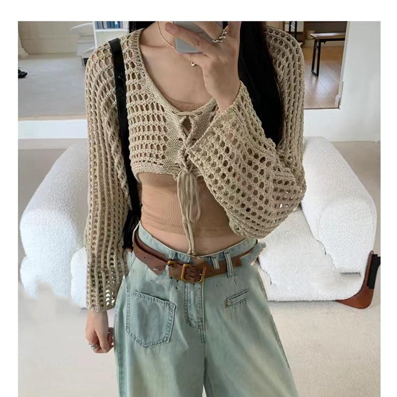 Hollow short knitted sunscreen cardigan women's summer explosion pure lace-up lazy shawl shirt