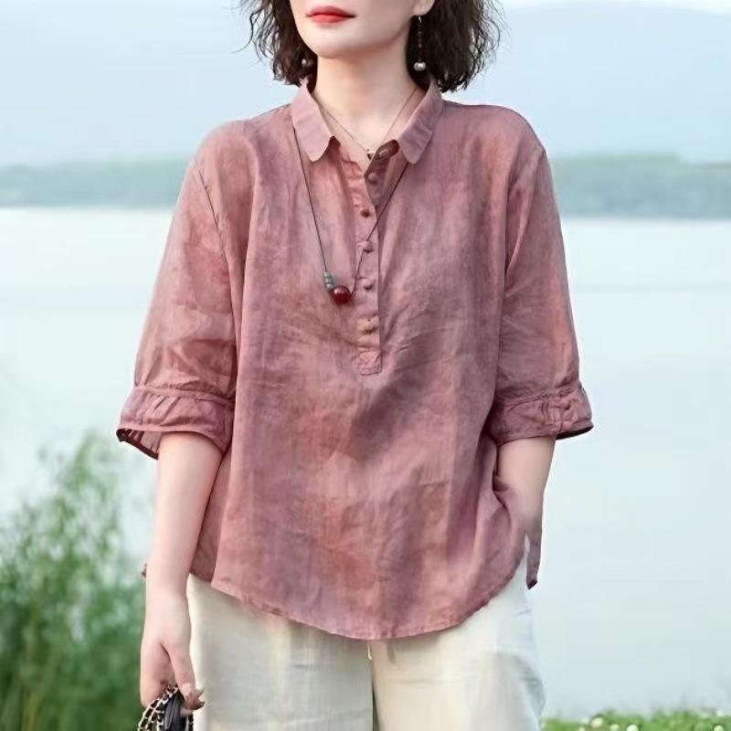 Camisa casual de lino mezclado para mujer con cuello de solapa, media botonadura, manga tres cuartos