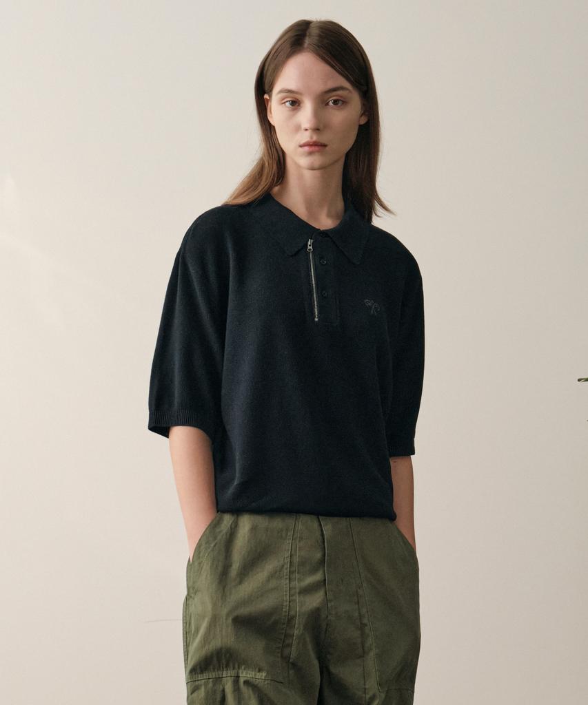HELEMENT Knit Zip-Up Collared Short Sleeve (Navy)