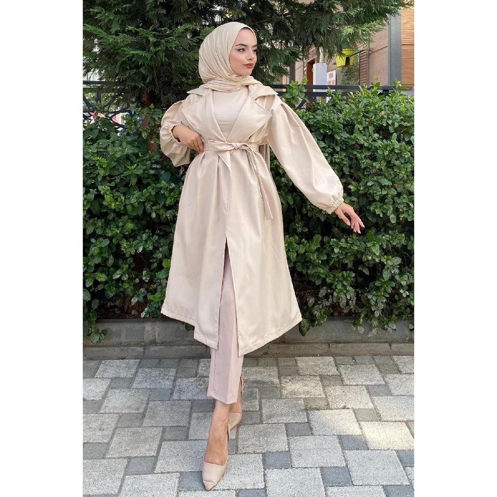 Trenci cu mânecă cu balon, legat în talie