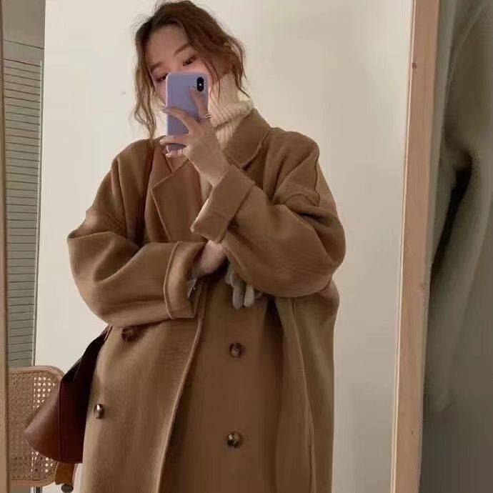 Women's Korean-Style Mid-Length Woolen Outer Wear Preppy Vibe Loose Coat