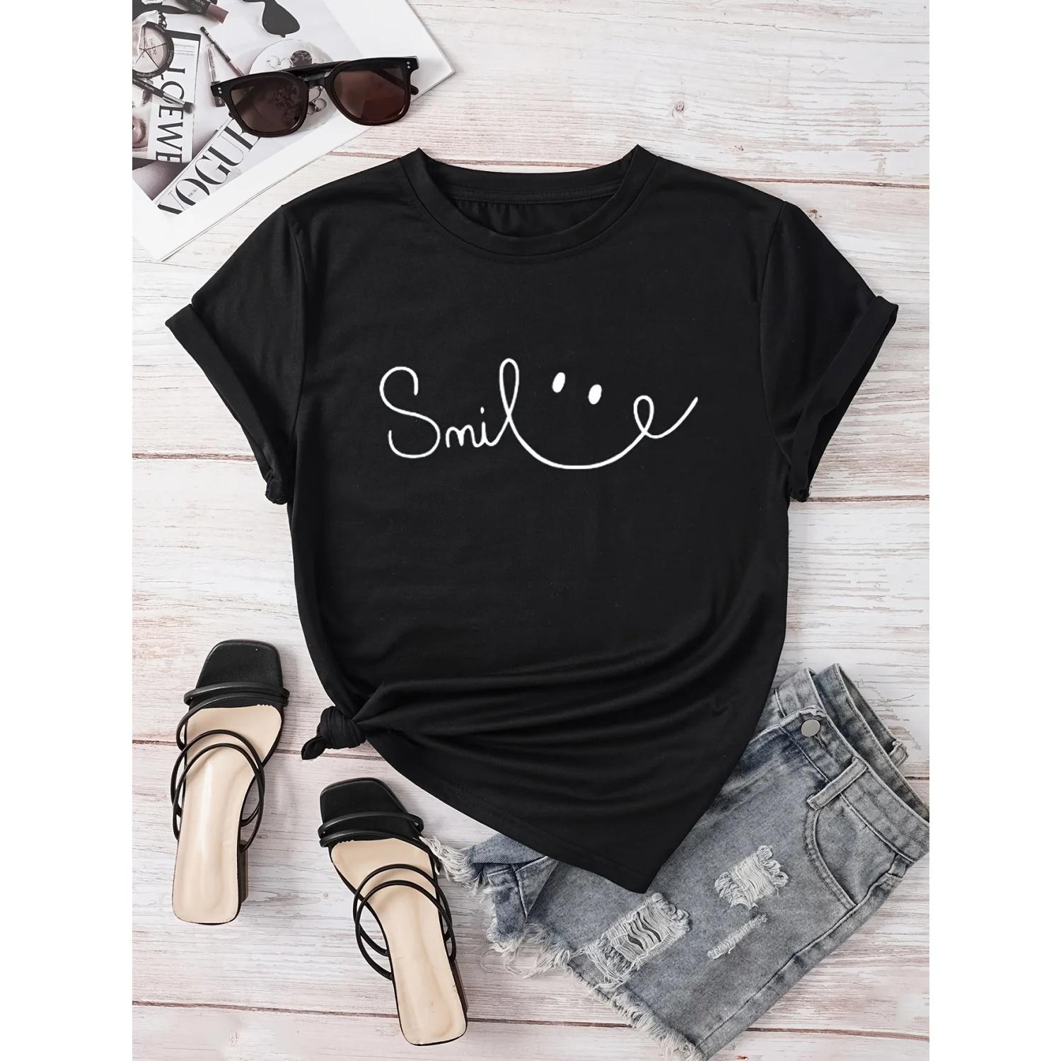 

Letter Print Crew Neck T-Shirt Casual Short Sleeve Top for Spring & Summer Women s Clothing XXXXXL чорний
