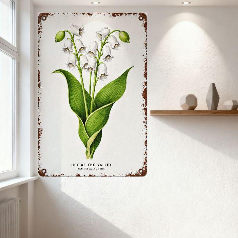 Vintage Lily of the Valley Metal Tin Sign, Convallaria Majalis Botanical Print Distressed Rusty Border Wall Decor for Home Bar C