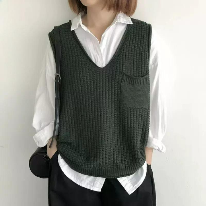 Spring and Autumn Solid Color V-neck Literary Knitted Vest Vest Large Size Fat Mm Stacked Sweater Waistcoat