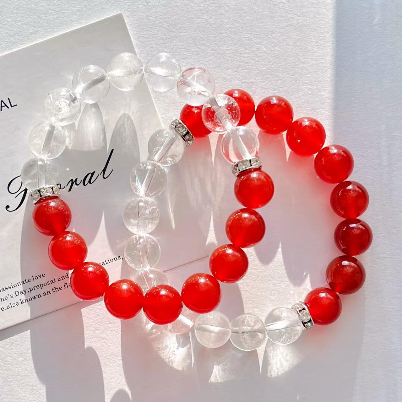 10Mm National Style Retro High Quality New Year S Red Pigeon Blood Red Natural Chalcedony Agate White Crystal Bracelet