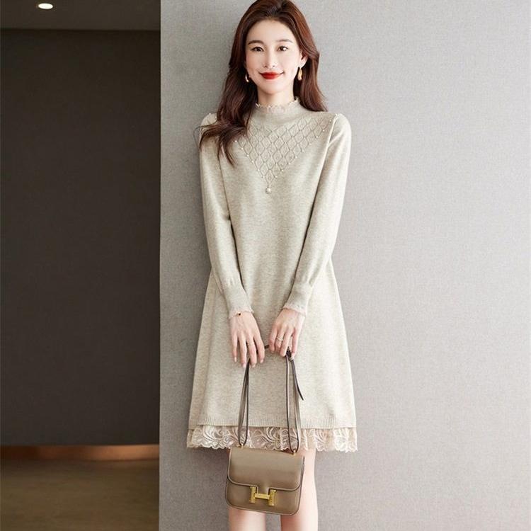 Lace Knitted Dress for Women In Autumn and Winter Large-sized Half Turtleneck Knitted Sweater Loose Mid-length Sweater Dress