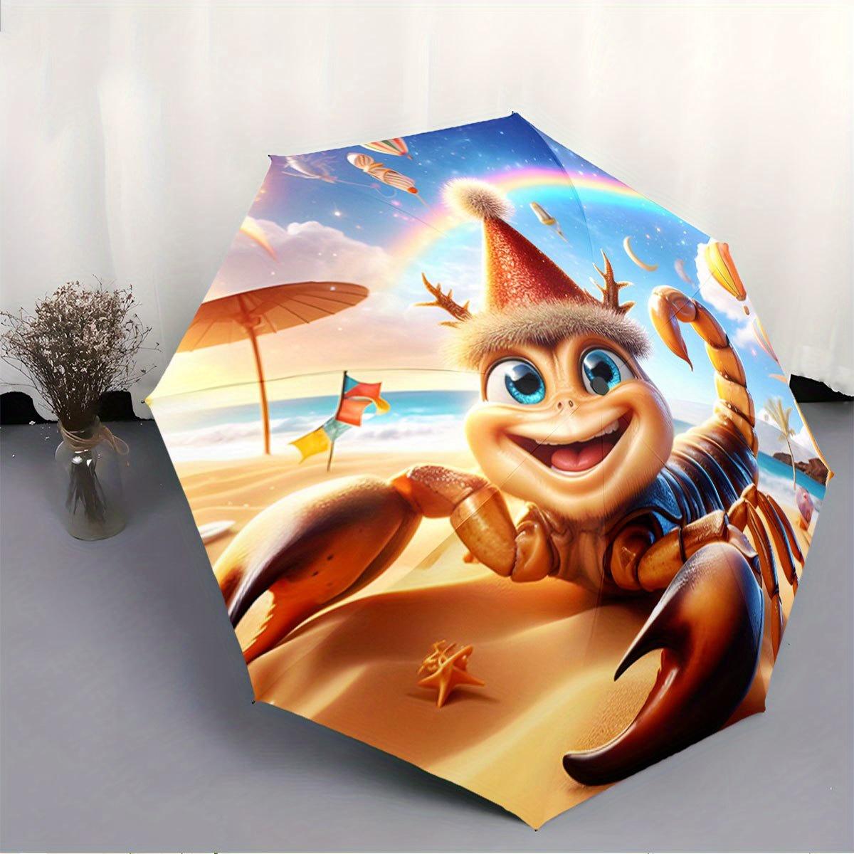 Folding umbrella Scorpion on a Vibrant Beach Scene Creative portable folding umbrella, suitable for all holiday gifts (as the picture,Iron&8K)