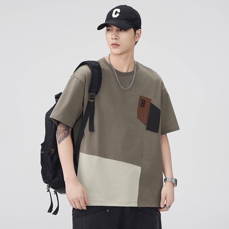Summer Color-blocking Pure Cotton Short-sleeved T-shirt Men's Loose and Versatile Hong Kong Style Half-sleeved Casual Top