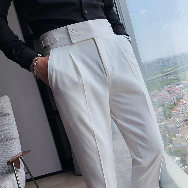 Men's Gray High-Waist Slim Fit Nine-Point Straight Trousers - 2024 Spring/Summer Business Casual.