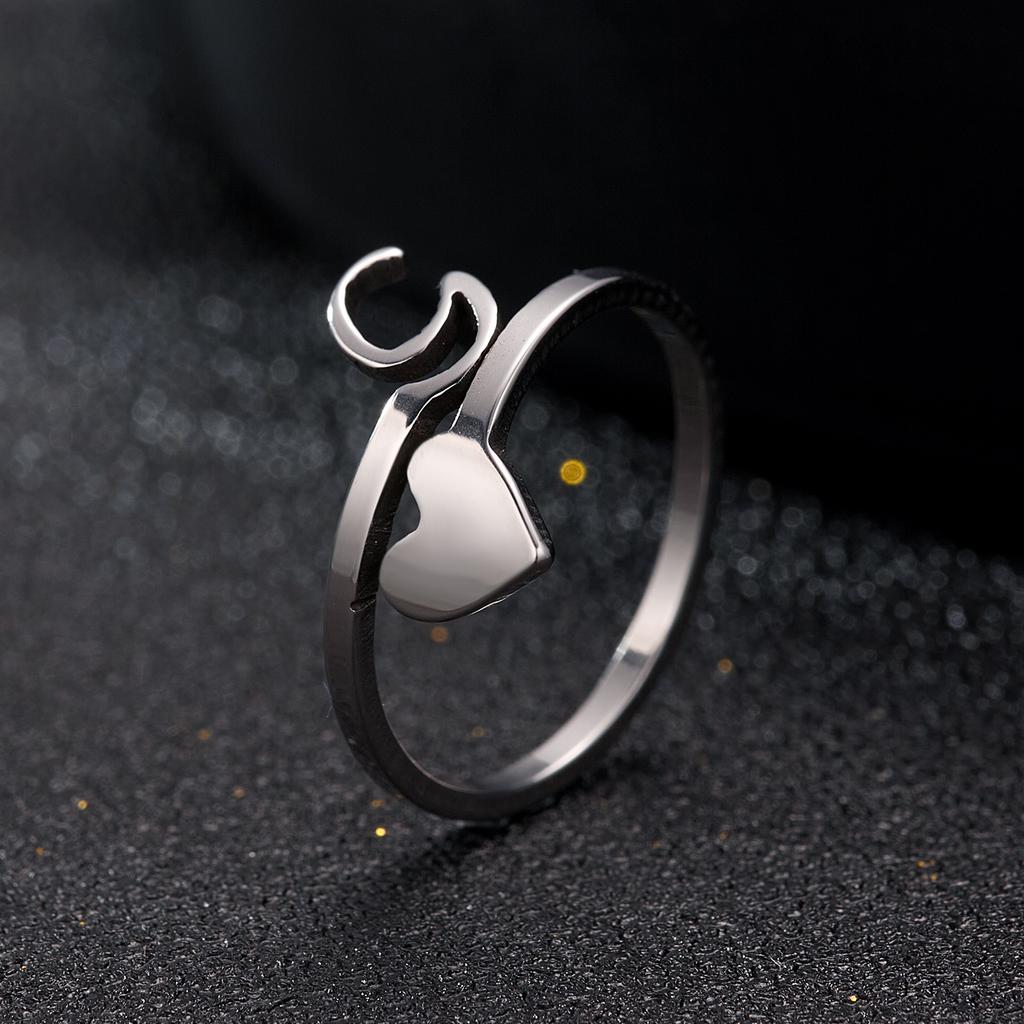 Silver Color 26 Letter Love Heart Rings Stainless Steel Open Ring for Women Men Couple Initial Name Finger Jewelry Gifts