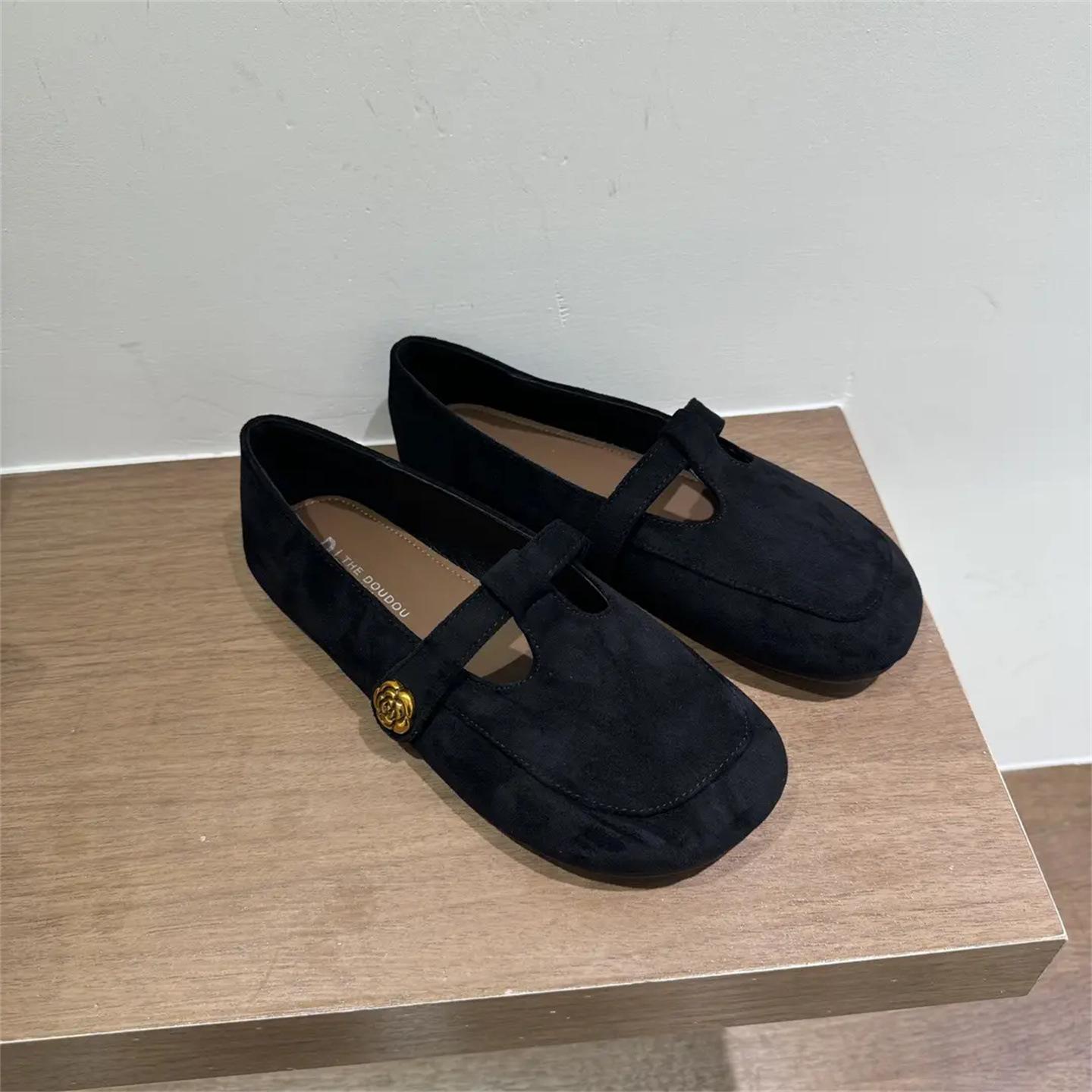 

THEDOUDOU Korean version of retro camellia round head flat-bottomed loafers for women 2025 Mary Jane T-shaped single shoes for women 39
