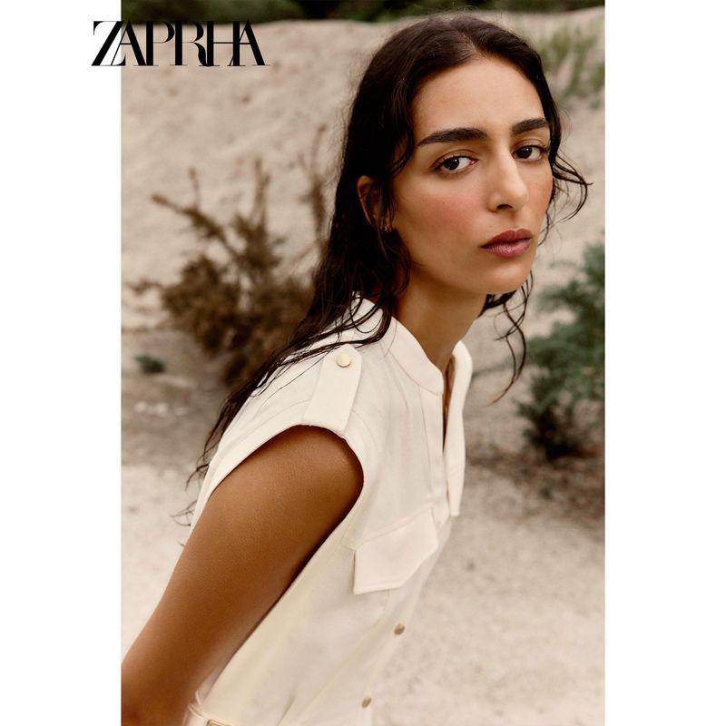 Zaprha2025 Summer New Linen Blend V-neck Sleeveless Strap Shirt Midi Dress 7016709