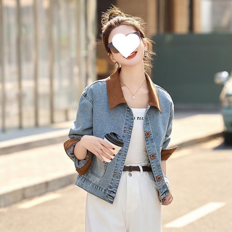 Wiosna 2025 Damska kurtka dżinsowa w stylu retro z blokami kolorów i klapami