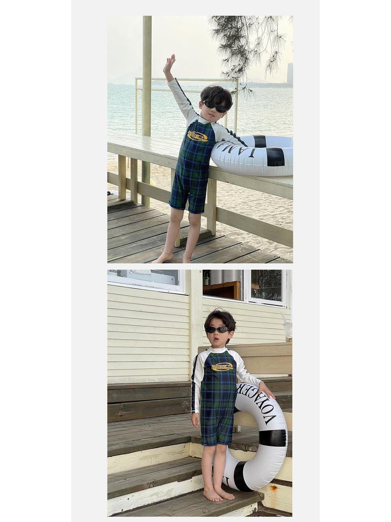 Children's Long Sleeve Plaid Patchwork One-Piece Swimsuit - Quick-Drying Swimwear for Beach & Holiday