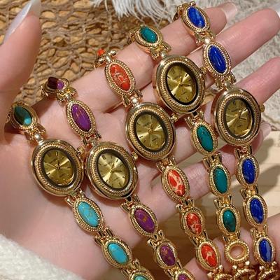 Women's Retro Chinese Style Oval Agate Gold Quartz Bracelet Watch