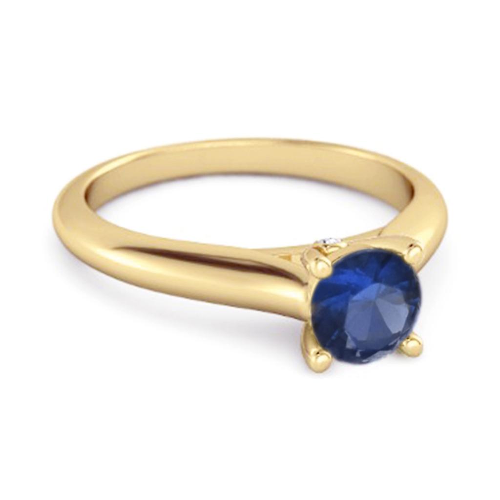 Blue Sapphire Round Solitaire Ring - 925 Sterling Silver Gold Vermeil