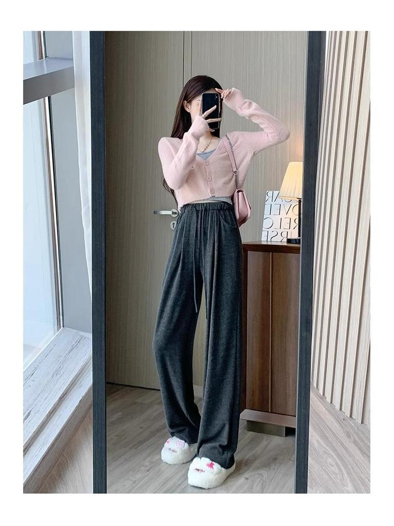 Petite Women's Spring/Autumn Wide-Leg Straight Pants - Stylish Glutinous Rice Design, Ideal for Height 145-150 Cm