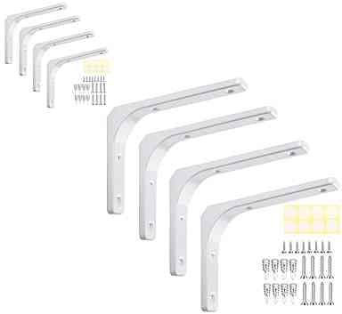 

300mm x 250mm x 30mm White Shelf Brackets, Set of 8, L-shaped Steel Brackets, 30cm in length. Includes screws, board anchors, screw hole cover sticker