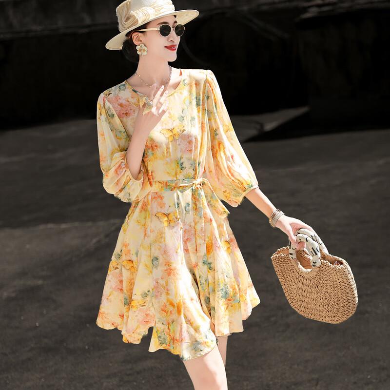 Lanseer Elegant Chiffon Printed Waist-Tie Short Dress