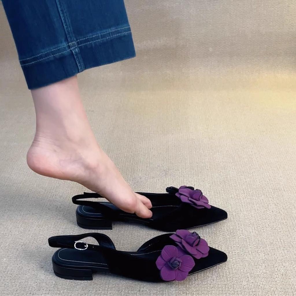 Beautiful pointed three-dimensional flower bag head sandals women's spring and summer new fashion low-heeled hollow stiletto single shoes women