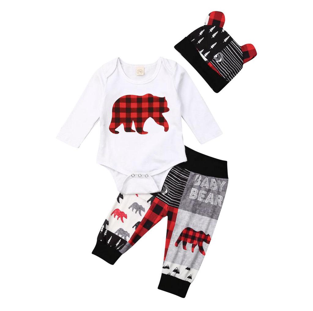 3PCS Neugeborenen Baby Junge Mädchen Winter Kleidung Romper Hosen Hut Weihnachten Outfits
