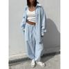 Spring New Women Vertical Stripe Shirt + Drawstring Pants Two Piece Set, Casual Striped Outfit Suits For Women