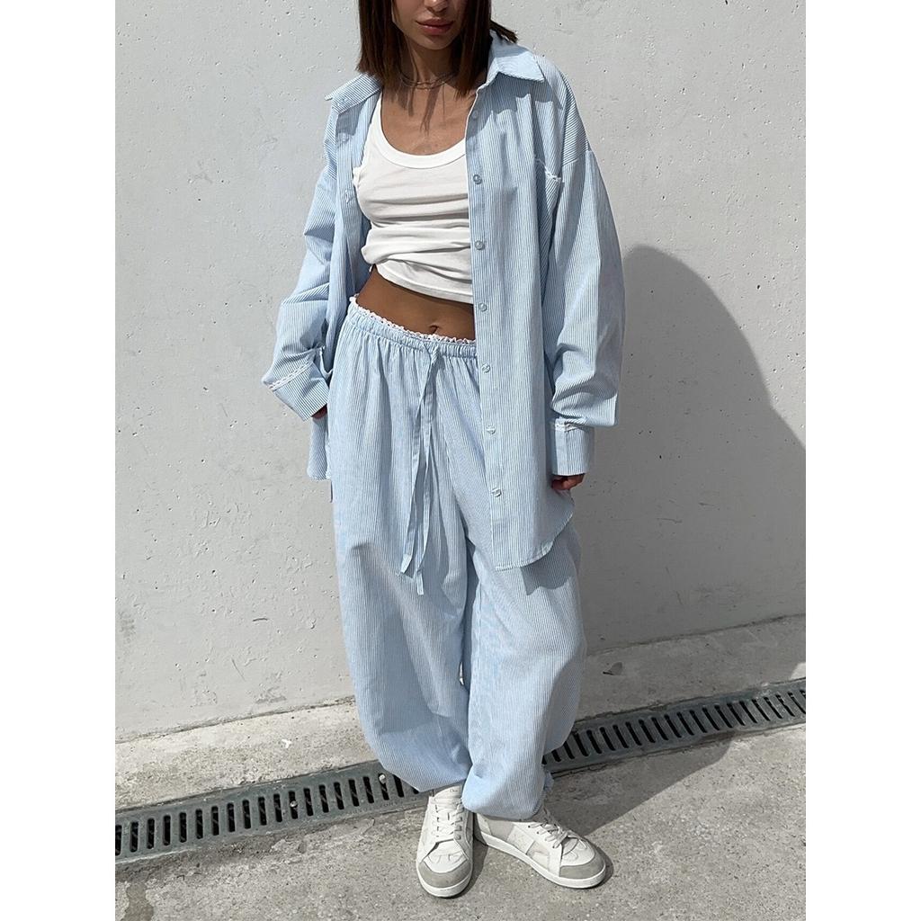 Spring New Women Vertical Stripe Shirt + Drawstring Pants Two Piece Set, Casual Striped Outfit Suits For Women