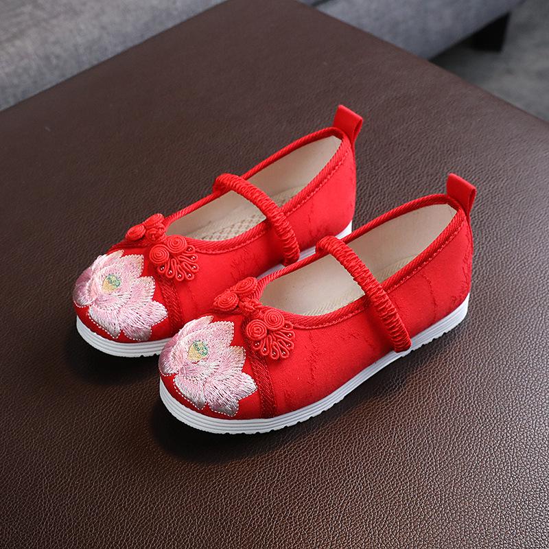 

Slipon Baby Hanfu Dress Vintage Floral Embroidered Boutique Dance Shoes Breathable Dress Flats Espadrilles Chaussure Enfant 25