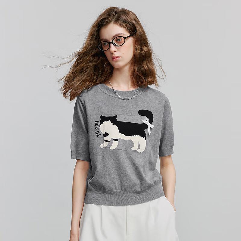 Chuyu Damen Schleife Katze Jacquard Rundhals Kurzarm Stricktop