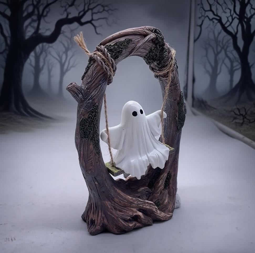 Cute Spooky Halloween Decor Ghost on a Tree Swing Ghost Figurine Ornament for Indoor Outdoor Porch Desktop Bookshelf Decorations