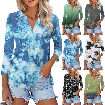 Women's 3/4 Sleeve T Shirts Summer V Neck Shirts Collared Casual Basic Tees Blouse