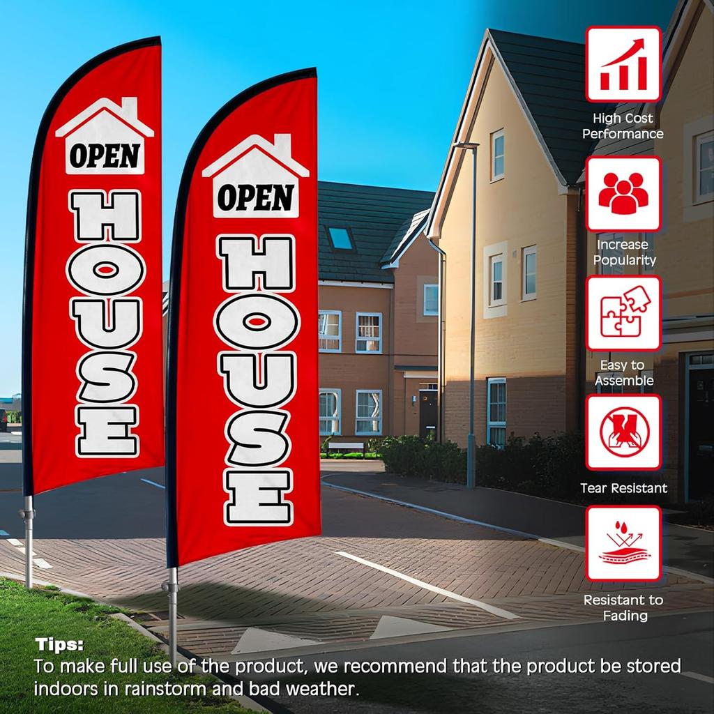 2 Pack Real Estate Agent Flags, 8FT Open House Signs with Flagpole Kit, Ground Stake, Windless Open House Supplies Flag Banner for Events,