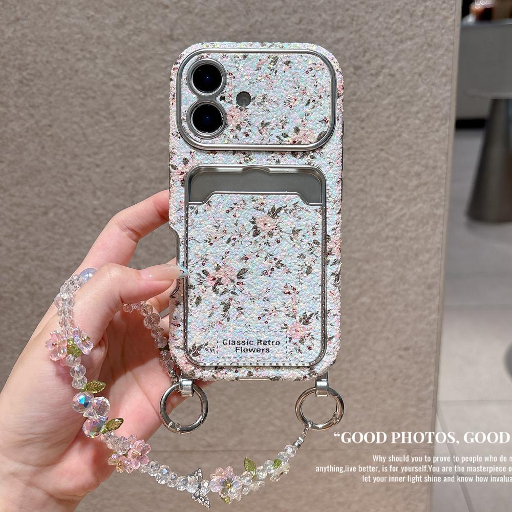 KEYSION Women Girl's Flower Phone Case for iPhone 14 15 16 17 Pro Max Card Holder Bag Shockproof Cover with Bead Bracelet Chain
