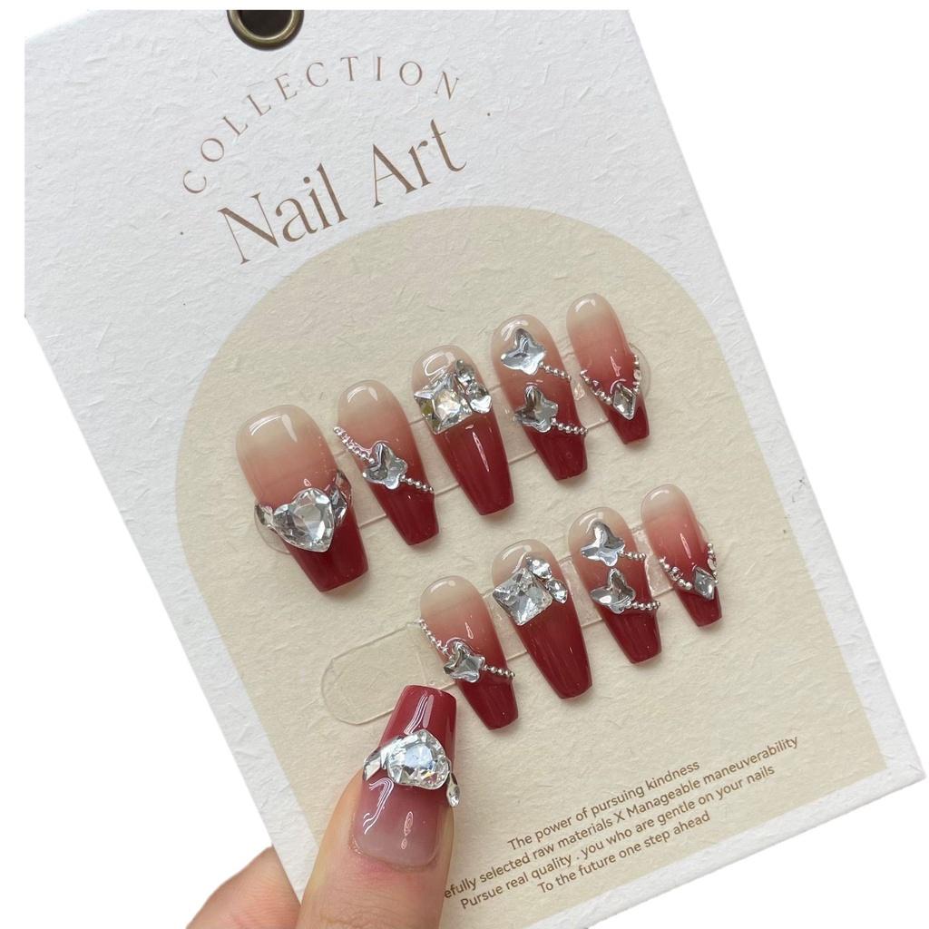 100 % HANDGEMACHTES Set mit künstlichen Nägeln, mit Kleber, französische Farbverlaufskette, gebrochener Diamant, einfache Nägel, wiederverwendbare und abnehmbare Nägel