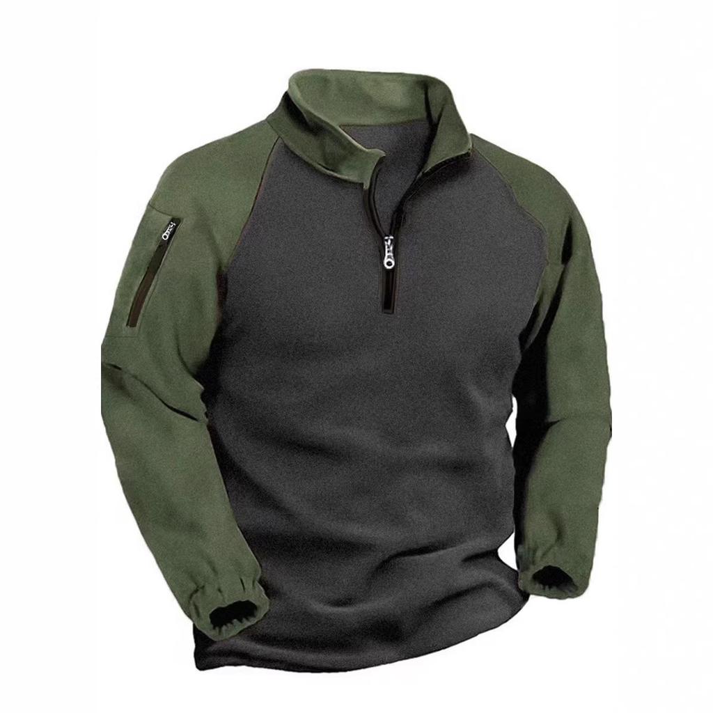 Tactical Fleece Jacket for Men Warm Stand-Up Collar Pullover Two-Tone Zip-Up Sweatshirt Outerwear
