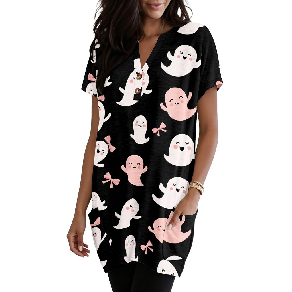 Women V Neck Pullover Top with Halloween Themed Print Short Sleeve Tunic Shirt Casual Loose Fit with Pocket Design