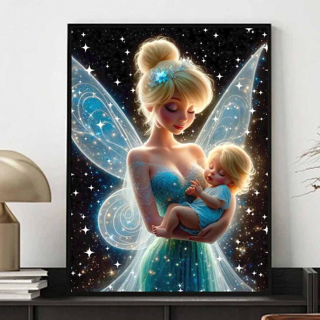 Diamond Mosaic Colorful Diamond Painting Tinker Bell and The Child Full Round Embroidery Cartoon Creative Hobbies Wall Decor