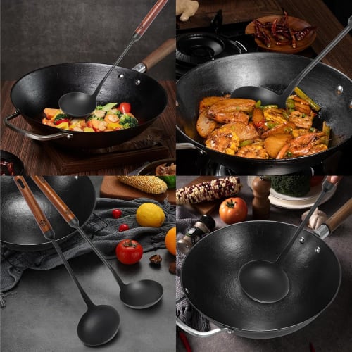 Chinese ladle for wok use, made of iron nitride, rust-resistant, with a wooden handle, heat-resistant, and with a hanging hole for easy grip. Perfect