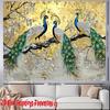 2D Art Peacock Tapestry Cloth Gold Background with Silver Leaves Home Decor