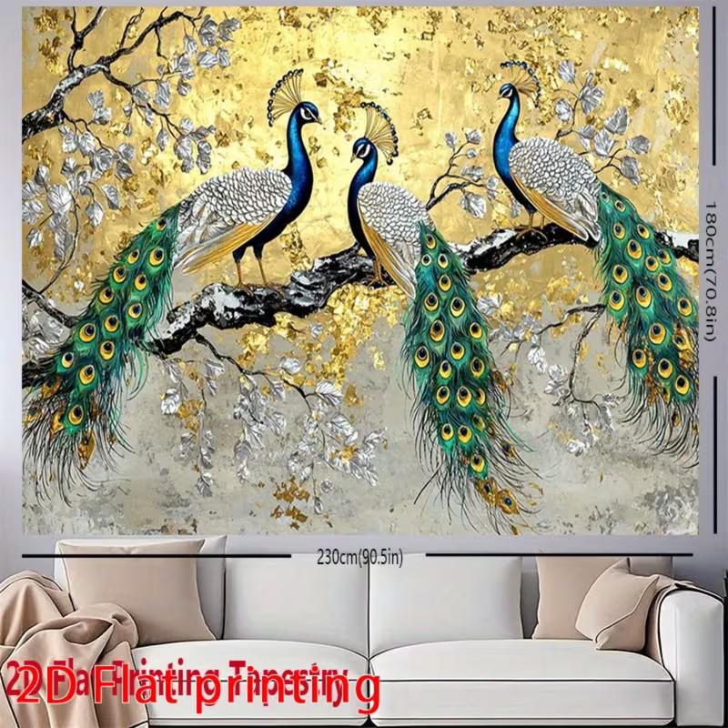 2D Art Peacock Tapestry Cloth Gold Background with Silver Leaves Home Decor