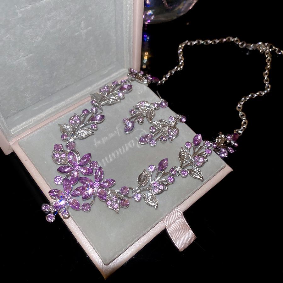 Luxury Rhinestone Leaf Flower Clavicle Necklace & Earring Set for Women