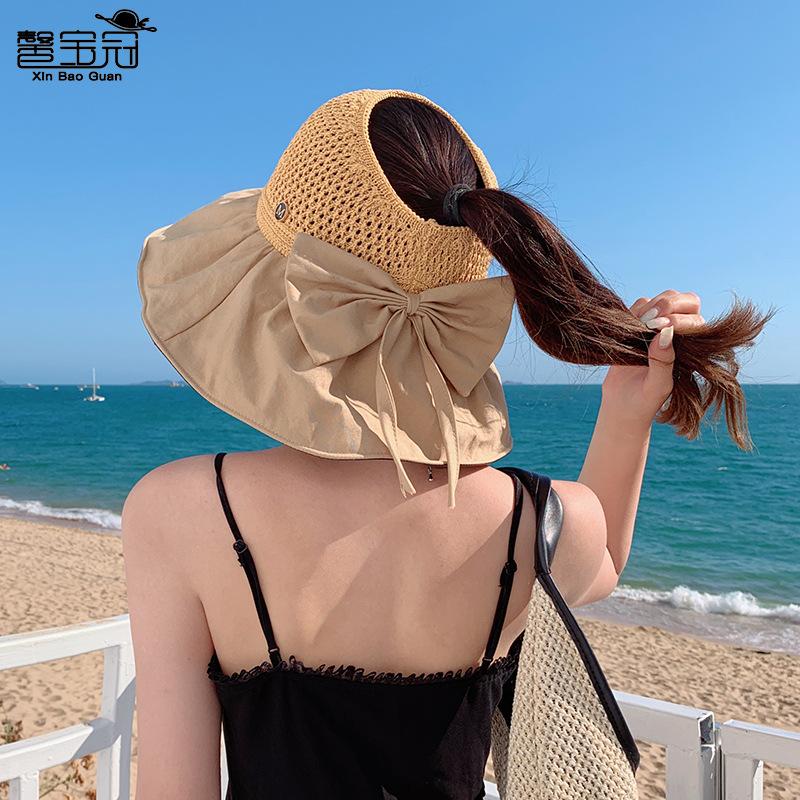 Summer can tie ponytail sunscreen hat women's new fashion foreign style sun hat trendy vinyl empty top bucket hat
