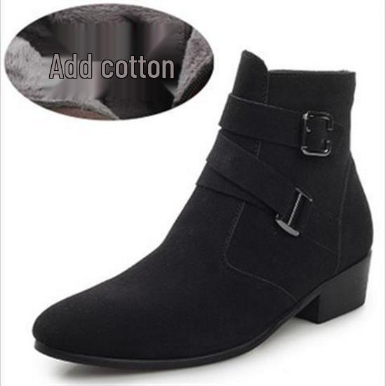 Men's Winter Plus Velvet Short Suede Boots – Korean Style, Trendy British High-Top with Inner Height Increase and Pointed Toe Design.